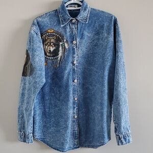 Vintage Unique Int Blue Denim Printed Native Wolf Button Up Shirt Sz M